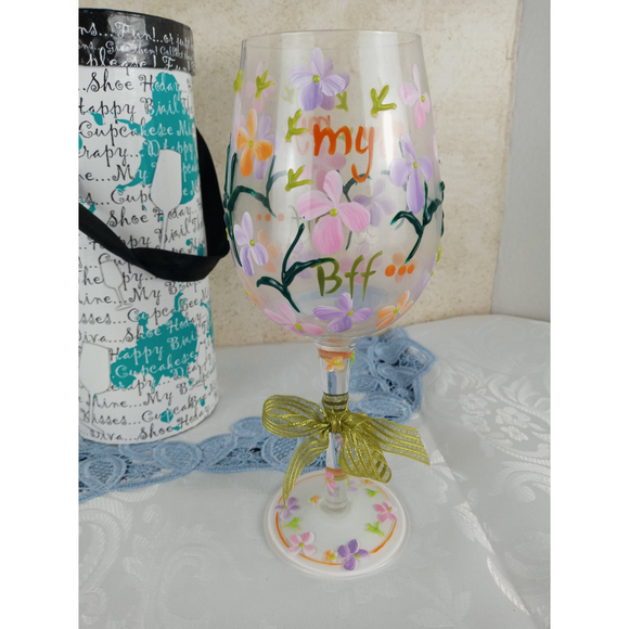 Delish Hand Painted Wine Glass My BFF with Pink Orange Purple Flowers 9" - Picture 2 of 6